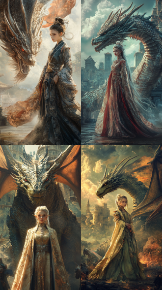 龙女与西方龙，史诗级场景，宏伟城堡，龙女身着华丽长袍，面容威严，龙鳞闪耀，广角镜头，黄金比例，自然光，高动态范围，神秘，力量，敬畏。