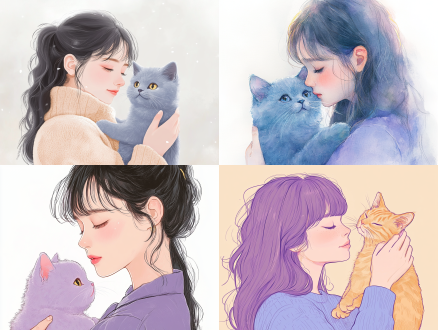 女孩抱布偶猫，粉蓝淡彩，极简细节，日式80年代可爱风，紫调，浪漫幸福生活，儿童绘本，金色点缀，白背景。淡彩画，极简，可爱风，紫色调，浪漫，儿童绘本，金色，白背景。