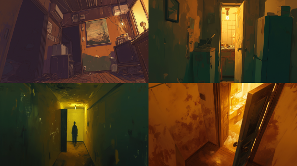 狭小房间，风景画隐藏秘密，灯泡闪烁，阴森氛围，墙壁斑驳，画中细节模糊，神秘感，昏暗灯光，广角镜头，低角度拍摄，侧光，阴影深重，紧张，不安。