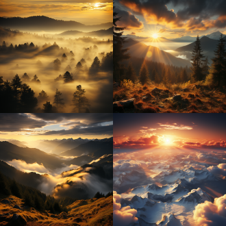 壮丽山脉日出，金色阳光洒满山峰，云雾缭绕，远景，高分辨率，自然风光，长焦镜头，逆光，温暖色调，宁静，壮丽。