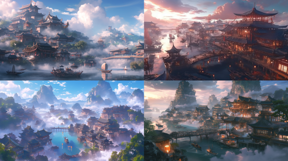 宋朝宫殿林立，云雾缭绕，大木桥横跨两岸，建筑挂满灯笼，中国式节日喜庆，湖中有装粽子的帆船上，一条金色的龙宫殿上，cg写实渲染，超高清画质，8k，全景拍摄，中心构图，超广角镜头，清晰细腻