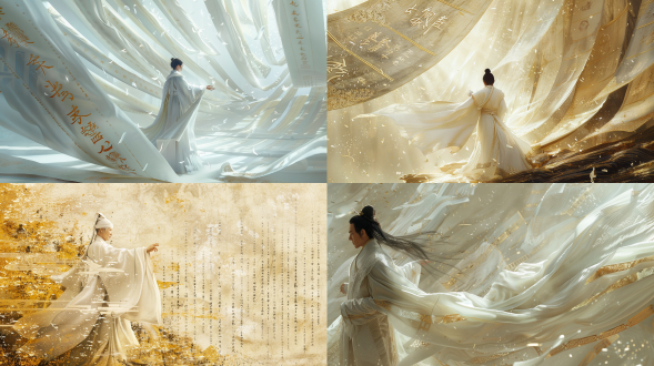 新中国风格、东方美学、对角线构图、几何解构艺术、大图像分割、强烈的视觉对比、抽象而富有想象力的创作结构、史诗般的视觉效果、几幅从远到近的浮动卷轴，上面写着许多闪闪发光的金黄色书法文字。一位白衣诗人挥舞着动画笔站在展开的卷轴下，在画面下方留下了很多空白。宏观、白色和金色色调，以及宏观视角。它具有白色审美、神秘、中国漆画风格、细腻的质感、令人惊叹的中国美学、古典