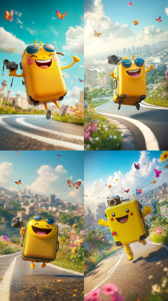 supercoolvision,pokemon,this is a vibrant cgi animated image depicting a whimsical yellow suitcase character with two hands,legs and feet running happily on a winding road. there is a smiley face on the suitcase with a happy expression,wearing aviator sunglasses on the suitcase handle,and seems to be taking long strides,exuding a sense of excitement and adventure,with a camera hanging on the arm and huaduo on the suitcase, the background is a peaceful,sunny landscape with blue sky and white clouds. there are a few small trees and flowers scattered along the road. in the distance are the high-rise buildings of a city with uneven buildings, the road gently bends to the left,with a white line in the middle and lush green grass and colorful flowers on both sides. there are small colorful flowers and butterflies flying around the grass,creating a cheerful and lively atmosphere. the overall style is whimsical and the color scheme is bright and cheerful.
