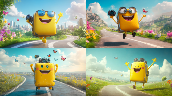 supercoolvision,pokemon,this is a vibrant cgi animated image depicting a whimsical yellow suitcase character with two hands,legs and feet running happily on a winding road. there is a smiley face on the suitcase with a happy expression,wearing aviator sunglasses on the suitcase handle,and seems to be taking long strides,exuding a sense of excitement and adventure,with a camera hanging on the arm and huaduo on the suitcase, the background is a peaceful,sunny landscape with blue sky and white clouds. there are a few small trees and flowers scattered along the road. in the distance are the high-rise buildings of a city with uneven buildings, the road gently bends to the left,with a white line in the middle and lush green grass and colorful flowers on both sides. there are small colorful flowers and butterflies flying around the grass,creating a cheerful and lively atmosphere. the overall style is whimsical and the color scheme is bright and cheerful.