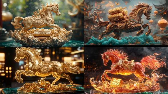 一匹雄伟的金色骏马呈奔腾姿态，马背上驮着一枚闪耀的金元宝，高度细致的3d写实渲染，传统中式设计，光面24k金元宝饰有北斗七星和蝙蝠图案，哑光青铜马身配火焰状鬃毛，翡翠绿色琉璃祥云底座，电影级光影效果，赛博朋克未来城市的背景，金色光晕，超高清，奢华艺术品，汉代风格，财富与吉祥象征。