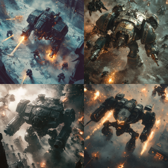 战锤40k骑士泰坦战斗，三角构图，科幻战场，冷色调，长焦镜头，顶光，激战动作，机甲元素，荣耀感。