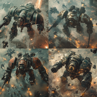 战锤40k骑士泰坦战斗，三角构图，科幻战场，冷色调，长焦镜头，顶光，激战动作，机甲元素，荣耀感。