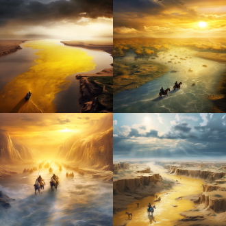 黄河水从天上倾泻而下流入大海，全景构图，壮观景色，古风风格，大光圈，明亮光线，奔腾，水元素，蓝色调，雄浑。