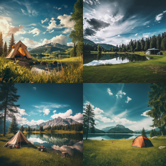 sky,landscape,tree,outdoors,grass,mountains,nature,no humans,blurred background,blue sky and white clouds,forest,horizon,lake,tent,raw photo,high resolution,ultra fine section,high detail raw color photo,professional photo,masterpiece,best quality,rv,stool,(worst quality:2),(low quality:2),(low quality:2),(normal quality:2),dot,mole,low resolution, normal quality,monochrome,grayscale,low resolution,