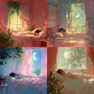女孩床上睡觉，粉色墙壁，窗帘柔和光线，开窗新月绿树，床头小花盆，温馨舒适，家一般感觉，动漫风格，最高质量插图，柔和色调，温馨氛围，细腻光影，宁静表情，温馨家居，柔和光线，细腻描绘，温馨舒适。