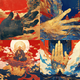 小和尚坐在观音巨手上，波纹连绵，细腻笔触，柔和光滑，中国红与靛蓝背景，金箔绘祥云图案，对称构图，高分辨率，水墨风格，自然光，静态，祥和。