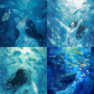 海底世界背景，鱼群，长发女孩衬衫溺水，一串气泡，海底，水中感觉，蓝色调，高光对比，广角镜头，侧光，慢快门，海洋生态，扁平插画，手绘风格，笔刷质感，水彩效果，柔光，丰富细节，鲜艳色彩，动态捕捉，梦幻氛围。