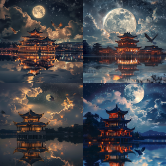 满月映照下的东亚建筑，夜空中繁星点点，云层缭绕，一只鸟飞过，水面倒映着这一切。构图中央为建筑与月亮，四周点缀星光与云彩，鸟儿增添动感。高对比度，冷暖色调交织，广角镜头，背光，慢快门，宁静，神秘。