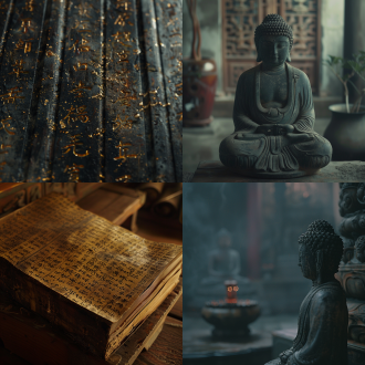 佛经电影质感，神秘东方美学，8k高清，静谧场景，柔和光线，长焦镜头，细腻纹理，深色调，沉思表情，禅意氛围。
