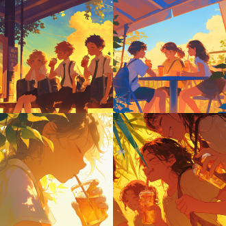 夏天日出时少年少女喝橘子汽水，我在旁聆听蝉鸣，三分构图，清新色调，长焦镜头，逆光，青春朝气。