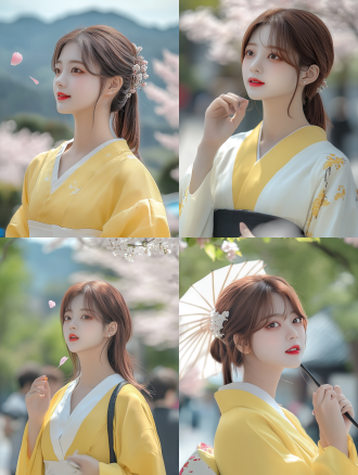 艺伎穿传统和服在樱花树下优雅起舞，背景是古老的日本花园和远处的富士山。和服绣有精致的樱花图案，妆容精致，表情专注优雅。樱花盛开，花瓣随风轻舞，营造出梦幻般的氛围。和服,樱花,日本花园,富士山,精致,优雅,梦幻,传统,高分辨率,柔光,长焦镜头,慢快门,动态模糊,粉色,宁静。 明亮的