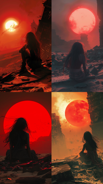 沙漠废墟，巨大红色太阳，逆光，末世风格，温暖光线，破碎黑色石头，风沙，女孩蹲坐，发丝发光，广角镜头，高对比度，侧光，紧张氛围，末日感。