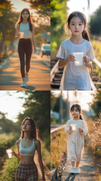 亚裔女生拿着水杯在跑道散步，居中构图，自然光，高清单反，水杯清晰，暖色调，亚洲人脸型，休闲着装，惬意。