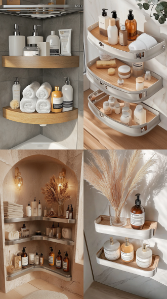 浴室置物架，三分法构图，暖色调，自然光，温馨氛围，全景镜头，散射光，木质与陶瓷元素，柔和色彩，惬意。