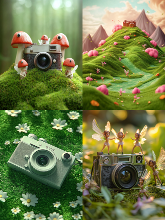 c4d卡通草地小坡，绿草上卡通相机，小精灵环绕，三分法构图，电商卡通风，暖光，低饱和度色彩，梦幻氛围。