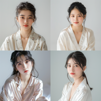 白色背景，室内拍摄，亚洲18岁少女模特，正面视角，全身，丝绸睡衣，端庄优雅，柔和光影，清晰细节，大光圈镜头，自然光，静态，淡雅色调，优美，8k高清分辨率，头部特写，细腻肌肤，温和表情，专业摄影，高分辨率，细节丰富，光影柔和，色彩淡雅，气质优雅。