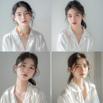 白色背景，室内拍摄，亚洲18岁少女模特，正面视角，全身，丝绸睡衣，端庄优雅，柔和光影，清晰细节，大光圈镜头，自然光，静态，淡雅色调，优美，8k高清分辨率，头部特写，细腻肌肤，温和表情，专业摄影，高分辨率，细节丰富，光影柔和，色彩淡雅，气质优雅。