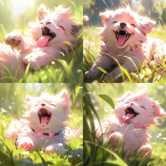 粉色小狗，毛茸茸，吐舌头，细节丰富，绿色草地，阳光明媚，广角镜头，自然光，柔和色调，可爱表情，放松姿态。