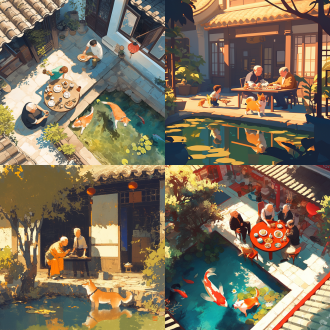 四合院青石地砖上柴犬与男孩围着鱼池打闹，老人喝茶女人端糕，近景暖光，午后清新，明朗色调，暖色调，中景构图。