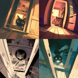 门框里小猫偷看屋内鱼干，鱼眼镜头，中心构图，室内场景，冷色调，柔和光线，窥视动作，好奇。