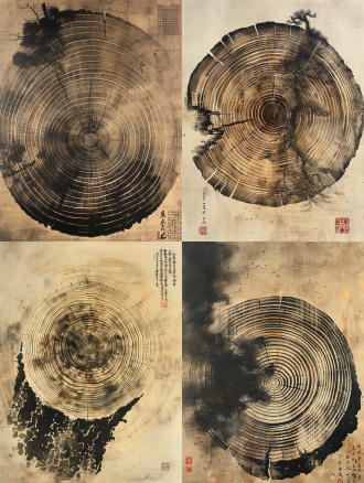 树木年轮，木头纹理，空间漩涡，虚化毛笔字背景，雕版印刷术元素，淡雅国风，中心构图，自然光，细腻质感，文化氛围，沉思，柔和色调，传统艺术，静谧，深邃。