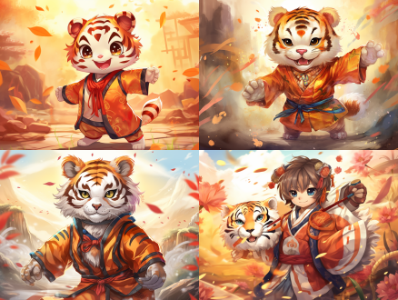 生肖虎，中国风，动漫卡通，虎形卡通角色，微笑表情，传统服饰，山水背景，水彩风格，柔和光线，广角镜头，动态姿势，鲜艳色彩，欢乐氛围。