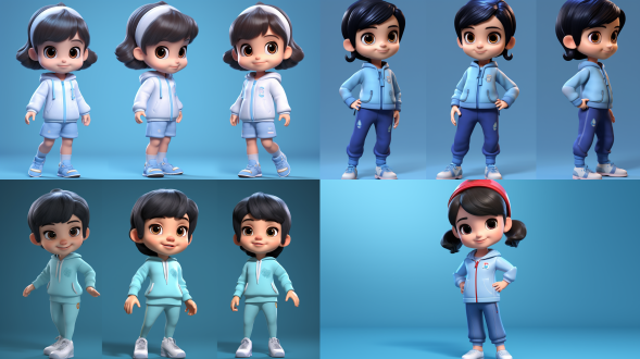 一位小女孩，留着黑色短发没有刘海，穿着浅蓝色工作服和蓝色运动鞋，全身视图，丰富的细节，皮克斯迪士尼风格，最佳照明，纯色背景