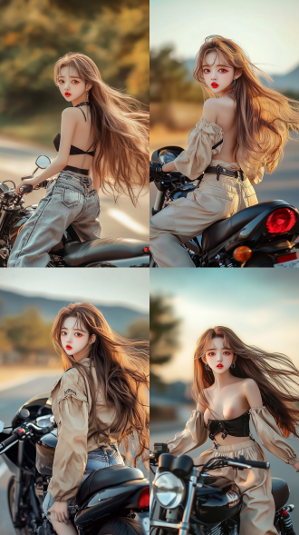 女孩骑摩托在路上行驶全景，可以看到女孩的整个侧身，摩托整个侧身