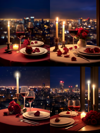 圆桌红酒玫瑰，城市高楼灯光，烛光对比，时空交错，宁静遐想，整体氛围，夜晚宁静，色彩突出，远近对比，焦点强调，光影交织，细节丰富，构图平衡，夜景拍摄，柔和光线，情感深邃。