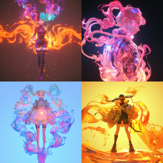 火精灵女孩，全身，双马尾，水彩质感，半透明塑料材质，明亮背景，led灯光，3d艺术，皮克斯风格，超现实，辛烷渲染，动画照明，c4d软件，高细节，彩色透明塑料材质，dieter rams设计，景深效果，3:4比例，niji 5风格，100级细节。