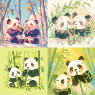 两只熊猫吃竹子，竹林背景，高细节，明亮背景，3:4比例，niji6风格，50细节，轮廓突出，可爱表情，竹叶细节，自然光，柔和色调，宁静氛围。