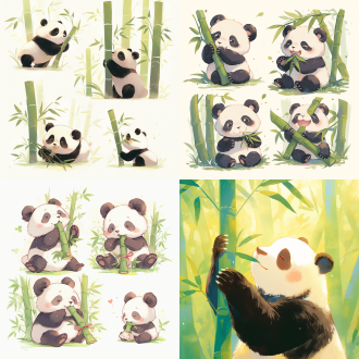 熊猫吃竹子，三视图，正视左视后视，竹林，高细节，明亮背景，3:4比例，niji6风格，50细节，竹叶细节，自然光，柔和色调，宁静氛围。