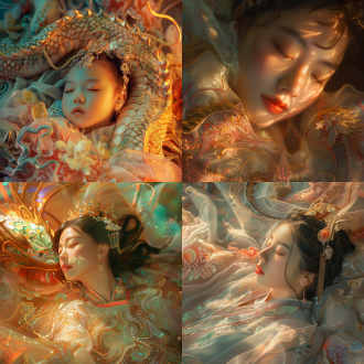 敦煌美女梦见巨龙，柔和光线照亮婴儿肥脸庞，梦幻辉光，明亮色彩，艺术摄影，中景，复杂细节，高质量逼真，8k，16k，空中俯视，柔和光线，婴儿肥，梦幻辉光，明亮色彩，艺术摄影，中景，复杂细节，高质量逼真。