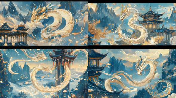 中国白蛇，盘于古老亭柱，云雾缭绕山林，古风，特写，长焦镜头，顶光，细腻质感，冷色调，神秘，优雅姿态。