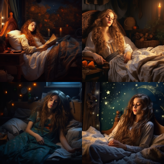 美丽女孩长发，夜晚，幸福侧躺床上，熟睡，宁静放松，卧室，长镜头，全身，治愈，最佳质量，柔和光线，暖色调，细节丰富，放松表情，温馨氛围，高分辨率。