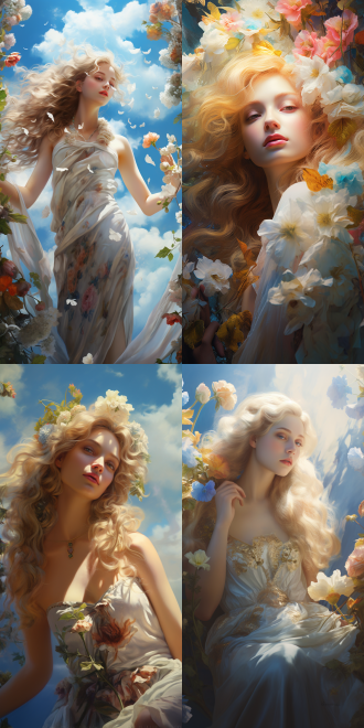 青春女神，多样风貌，甜美优雅，梦幻场景，繁花似锦，晴空映衬，斑斓色彩，光影交错，温暖光辉，治愈心灵，高饱和度，柔和光线，广角镜头，细节丰富，情感丰富，温馨氛围。