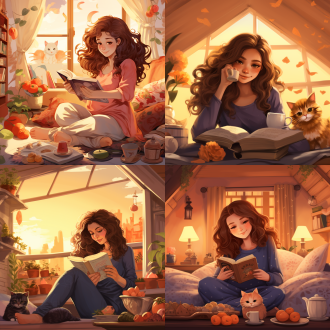 卡通插画，线条插画，温馨治愈，广角，全景，长头发波浪卷发女孩，平躺沙发，看书，几只猫咪玩耍，桌上鲜花，冒热气茶，一盘水果，淡色系，柔和光线，宁静氛围，温馨场景。