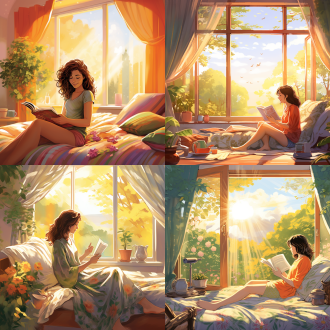 卡通插画，线条插画，温馨治愈，广角，全景，年轻女子，窗边，晨光，柔和阳光，窗帘，温暖照亮，新鲜花束，露珠，微风，郁郁葱葱，森林，阳光斑驳，雨后乡村，彩虹，室内空间，柔软地毯，靠垫，沐浴阳光，早晨咖啡，打开的书，海边日出，波光粼粼，海鸥飞翔，城市天际线，高处俯瞰，黎明，户外瑜伽，冥想，自然美景，宠物，主人，晨光中依偎，柔和色彩，细腻线条，高分辨率，生动细节，强烈氛围感，治愈与启发情绪。