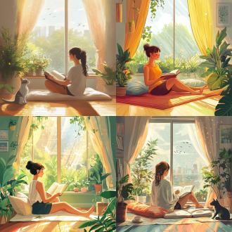 卡通插画，线条插画，温馨治愈，广角，全景，年轻女子，窗边，晨光，柔和阳光，窗帘，温暖，新鲜花束，露珠，微风，郁郁葱葱，森林，阳光斑驳，雨后乡村，彩虹，室内空间，柔软地毯，靠垫，沐浴阳光，早晨咖啡，打开的书，海边日出，波光粼粼，海鸥飞翔，城市天际线，高处俯瞰，黎明，户外瑜伽，冥想，自然美景，宠物，主人，晨光中依偎，柔和色彩，细腻线条，高分辨率，生动细节，强烈氛围感，治愈，启发情绪