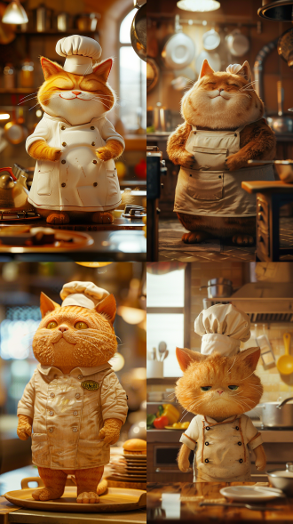胖橘猫厨师，圆润身形，憨态可掬，工作服整洁，漫画风格，3d立体，电影级质感，室内厨房，柔和侧光，暖黄调，特写镜头，温馨氛围，惹人喜爱。