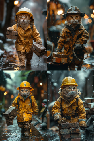 胖橘猫扛砖，雨中行走，工地工装，安全帽，全身湿透，电影质感，大片氛围，低角度拍摄，特写，阴暗环境，冷色调，侧光，动态模糊，沉重表情，坚韧眼神，认真。