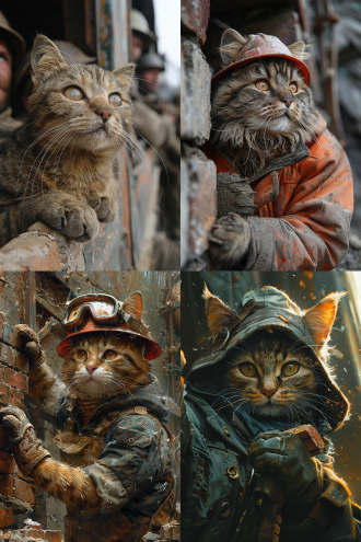 猫人工地奋斗，紧身工装，安全帽，工地靴，锐利眼神，坚定表情，阳光照射，明暗对比，汗水滑落，肌肉线条，紧握砖块，力量动作，嘴角笑意，眼神执着，双手茧厚，工地尘土，机器轰鸣，细腻笔触，色彩层次，高画质，强烈氛围，致敬打工人。