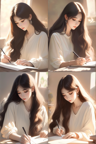 女孩写书法，长发白衣，室内书房，专注表情，毛笔书写，中式家具，柔和光线，特写镜头，静谧氛围，墨香四溢，文化气息，细腻笔触，传统风格，古色古香，宁静致远。