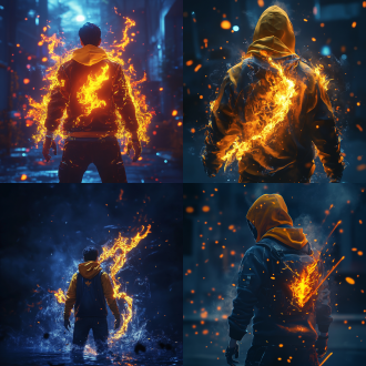 (very detailed wallpaper),(best quality),(masterpiece),realistic photography,very detailed illustrations,perfect details,(best lighting),(ultra complex details),4k unified (ultra fine cg:1.2),(8k:1.2),lifelike,octane rendering,epic scene illustrations in animation style,background using dark blue color scheme,textures and shadows cold. in the foreground,the male protagonist's back lifts his magic sword and unleashes a flame shaped magic array,preparing for battle. wearing baseball jerseys,yellow hood,silhouette,back view,backlit,they should have exaggerated facial expressions to convey strength and determination,exciting cg,fantasy world,acg,anime animation and game styles,front and back. don't turn your head,modern. academic style,