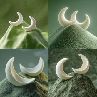 两个月牙形的白色羊毛毡在绿色的山顶上，特写，在羊毛艺术的风格，微距摄影，渲染在cinema 4d，超现实主义，产品展示拍摄，极简主义的背景，